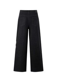 Svarta vida jeans med hög midja, två bakfickor och en slät yta. Har subtila sömdetaljer längs sömmarna.