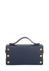 Borsa rettangolare blu navy con manico superiore, dettagli in tonalità oro e quattro borchie tonde sui lati. Texture liscia, design strutturato.