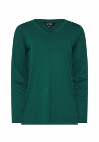 Długi rękaw, top w kształcie litery V w ciemnozielonym kolorze, wykonany z miękkiego materiału o gładkiej fakturze. Prosty design bez zdobień.