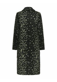 Cappotto lungo in verde scuro e stampa animale beige, con colletto a punta, maniche lunghe e silhouette dritta. Finitura in tessuto testurizzato.