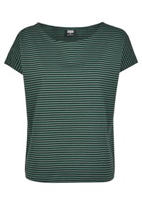 Zelené pruhované tričko s krátkým rukávem a širokým výstřihem. Horizontální pruhy různých šířek, vyrobené z měkké látky, s volným střihem.