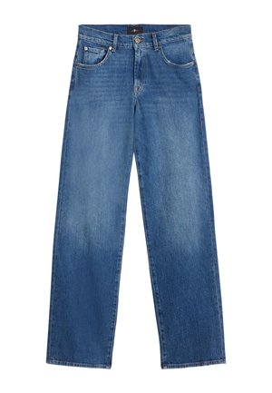 Blå denimjeans med lige ben, fem-lomme-design, falmet vask og lukning med knap og lynlås foran.