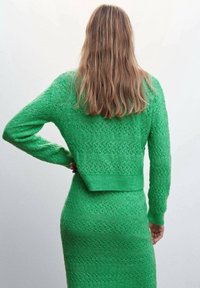 Groene gebreide trui en bijpassende rok met textuurpatronen. De trui heeft een cropped ontwerp en lange mouwen, wat een gelaagde uitstraling creëert.