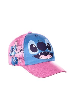 Children's pink and blue cap featuring cartoon character Stitch's face and body, with a glittery pink brim.
