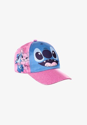 Casquette enfant rose et bleue avec le visage et le corps du personnage de dessin animé Stitch, avec une visière rose pailletée.