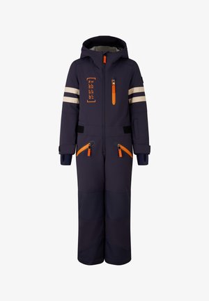 Marineblauw geïsoleerd skipak met een capuchon, oranje accenten, twee voorzakken met rits en beige strepen op de schouders. Zachte textuur en duurzaam materiaal.