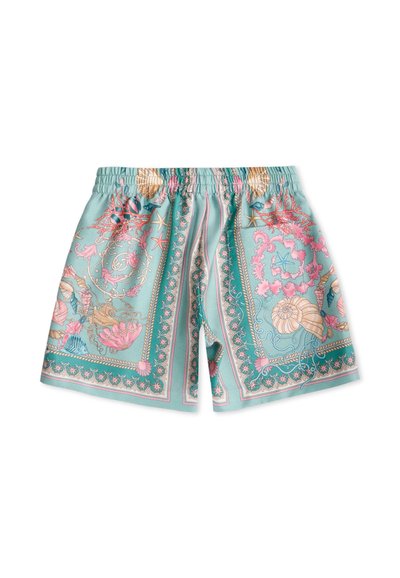Pantaloni corto azzurro chiaro con intricati motivi marini in rosa e oro, dotati di una cintura elastica e tasche laterali. Tessuto setoso.
