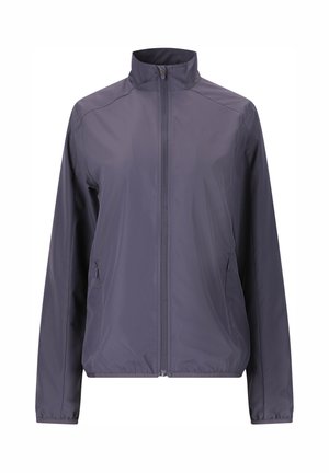 Lättviktsjacka med zip i mörkgrå. Har en hög krage, elastiska ärmslut och två sidofickor. Slät, vattenavvisande material.