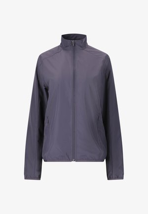 Lightweight, zip-up jacket in dark gray. Features a high collar, elastic cuffs, and two side pockets. Smooth, water-resistant material.