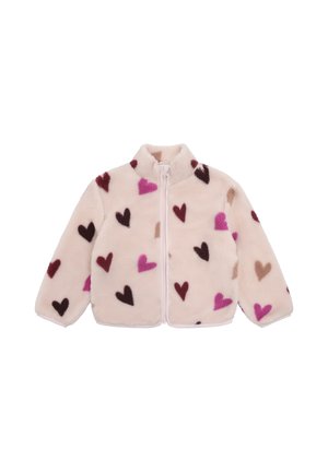 Soft pink fleece jacket with full front zipper and scattered dark red, purple, brown, and pink heart patterns on sleeves and body.