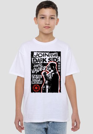 White cotton t-shirt featuring a graphic of Darth Vader with text: "JOIN THE DARK SIDE" and "FULFILL YOUR DESTINY," in bold black and red colors.