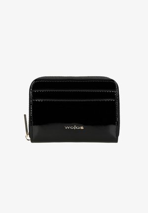 Zwarte gepatineerde leren portemonnee met ritssluiting, meerdere kaartvakken en een gouden logo-accent. Gladde textuur met een compact ontwerp.