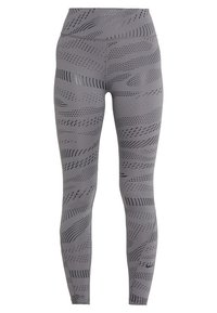 Leggings atletici grigi con vita alta, caratterizzati da un motivo testurizzato di linee ondulate e punti in tonalità di grigio scuro e nero.