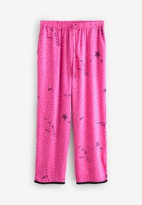 Pantaloni de pijama roz, cu un model de leopard, accente cu stele negre și detalii cu text imprimat, prevăzuți cu talie elastică și șnur ajustabil.