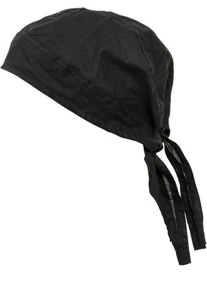 Schwarzes Baumwoll-Bandana mit Bindebändern hinten, entworfen zum Tragen am Kopf zum Schutz oder als Stil.