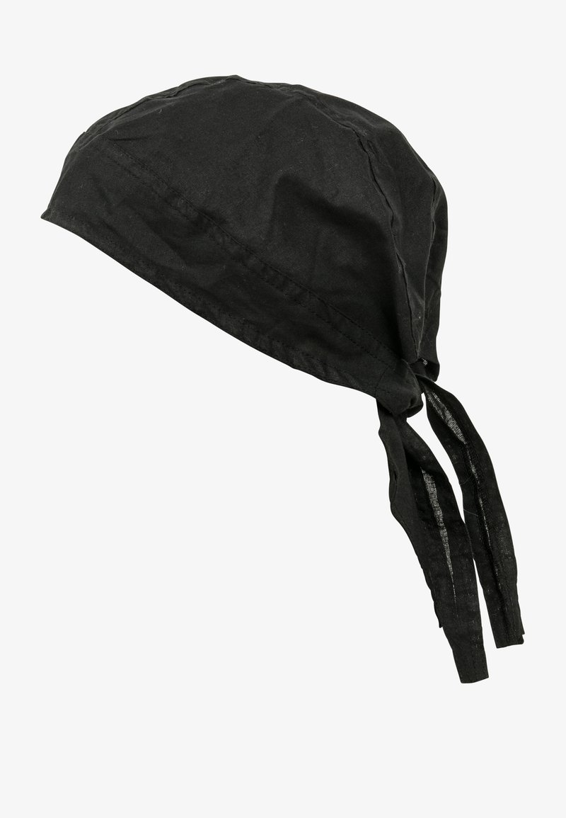 Bandana noir en coton avec liens à l'arrière, conçu pour être porté sur la tête pour la protection ou le style.