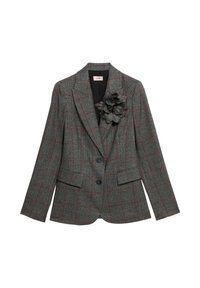 Grijze geruite blazer met rode lijnen, twee knopen, klepzakken en een bloem van textuurstof gespeld op de linker revers.