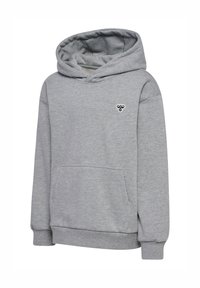 Grau Hoodie aus weichem Baumwollmix, mit einer Kängurutasche, gerippten Bündchen und einem gestickten Logo auf der linken Brust.