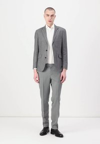 Blazer grigio a righe, con chiusura a un bottone e due bottini; abbinato a pantaloni grigi chiari. Tessuto liscio, vestibilità su misura, design minimalista.