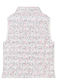 Gilet imbottito bianco con stampa floreale nei toni del rosa e del verde. Presenta un collo alto e un design senza maniche, con texture trapuntata e cuciture.