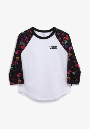 White Vans shirt with black floral 3/4 sleeves and black crew neckline, Vans logo on left chest.