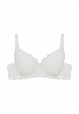 White lace bra with molded cups, adjustable straps, and a hook closure. Features scalloped lace trim across the band.