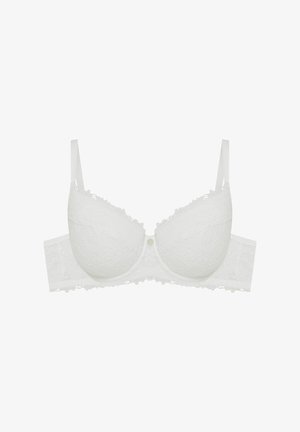 Biały koronkowy stanik z formowanymi miseczkami, regulowanymi ramiączkami i zapięciem na haftkę. Charakteryzuje się falbaniastym koronkowym wykończeniem na obwodzie.