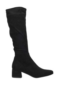 Bottes noires en suede jusqu'aux genoux avec un talon carré, une pointe fine et une texture lisse. Présente un haut ajusté pour une silhouette élégante.