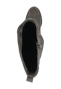 Grijze suede enkelboot met een ronde neus, een zijrits en een zachte binnenvoering. Het ontwerp heeft een lage, gestructureerde hak.