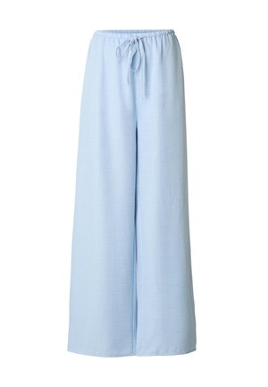 Pantalon bleu clair à jambes larges avec taille élastique et cordon ajustable, confectionné dans un tissu doux et texturé.