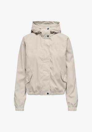 Light beige jacket with a hood, elastic cuffs, side pockets, and a cinched waist. Smooth, water-resistant fabric with a simple design.