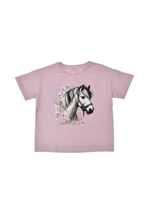 Maglietta rosa chiaro a maniche corte con testa di cavallo bianca illustrata che indossa un finimento blu, circondata da fiori pastello disposti in cerchio.