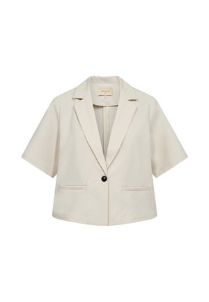 Crèmekleurige korte mouwen blazer met inkepingkraag, enkele zwarte knoopsluiting en twee voorzakken met bies.