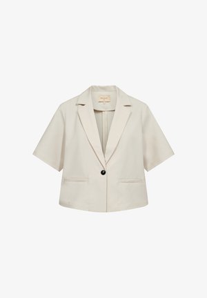 Crèmekleurige korte mouwen blazer met inkepingkraag, enkele zwarte knoopsluiting en twee voorzakken met bies.