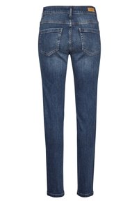 Tumši zili džinsa auduma bikses ar taisnas kājas dizainu, vidēji augstu jostasvietu, divām aizmugures kabatām un izšūtu apdari gar šuvēm.