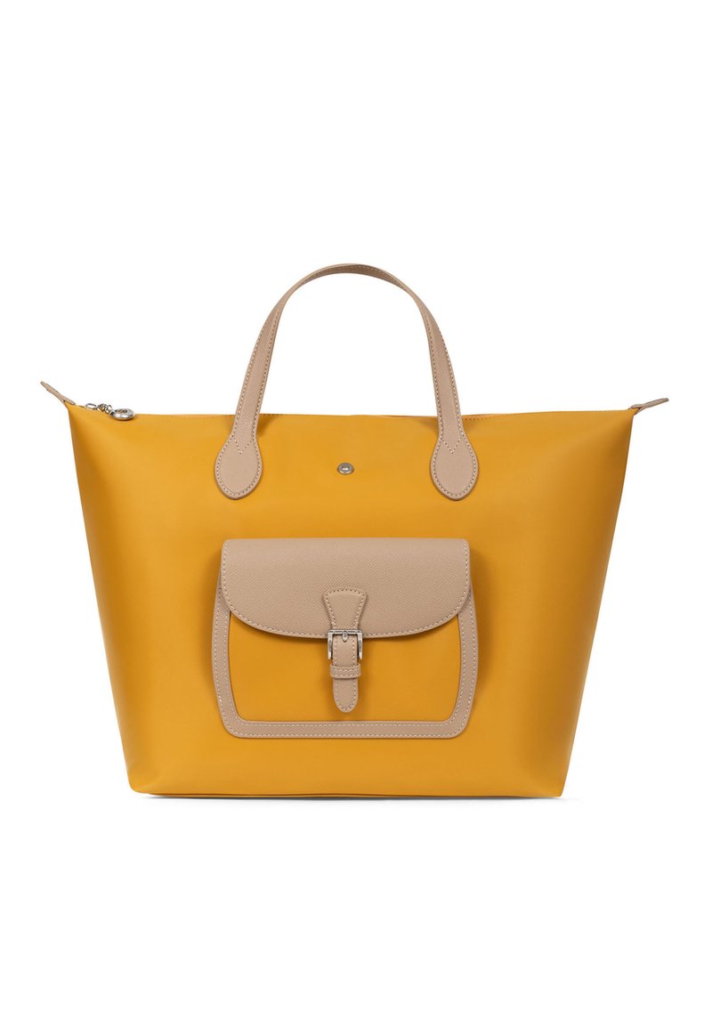 Borsa tote gialla con manici doppi beige e tasca frontale dotata di chiusura a fibbia, posizionata su uno sfondo bianco.