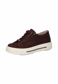 Burgundy suede sneaker with a white platform sole, featuring a lace-up front and a side zipper for easy access.