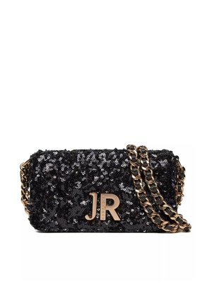 Borsa a tracolla nera con paillettes, di forma rettangolare, dotata di una tracolla in catena color oro e un accento con il logo "JR" in oro sul davanti.