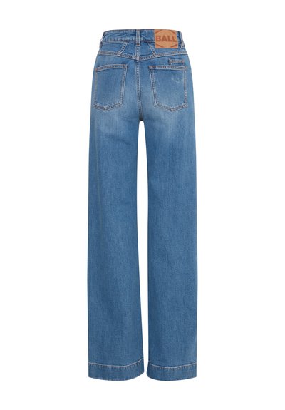 Svetlomodré džínsové nohavice širokého strihu s vysokým pásom, s hnedou štítkom na zadnej strane, piatimi vreckami a tónovanými detailmi švov.