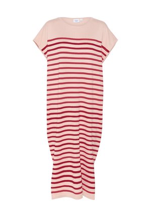 Svītrainas kleitas gaiši rozā krāsā ar horizontālām sarkaniem svītrām. Ar īsām piedurknēm un brīvu piegriezumu. Izgatavota no mīkstas, elastīgas auduma.