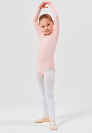 Pink long-sleeve leotard paired with white tights and soft, beige ballet slippers. The design features a classic ballet silhouette.