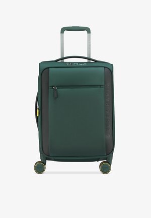 Valigia rigida verde con finitura testurizzata, dettagli neri, tasca frontale con zip, ruote multidirezionali e manico estensibile.