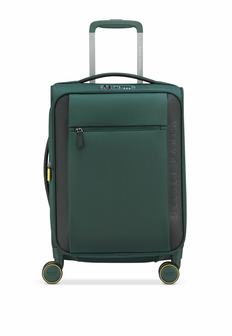 Groene harde koffer met textuurafwerking, zwarte accenten, voorvak met rits, multidirectionele wielen en uitschuifbaar handvat.