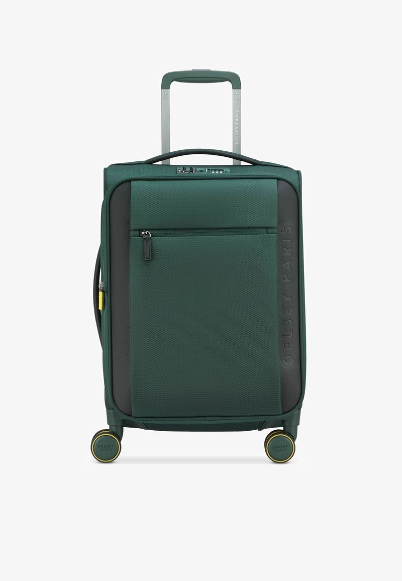 Groene harde koffer met textuurafwerking, zwarte accenten, voorvak met rits, multidirectionele wielen en uitschuifbaar handvat.