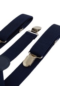 Mörkblå hängslen av vävt tyg, med metallklämmor och läder detaljer för säker fäste. Slät yta, justerbar längd.