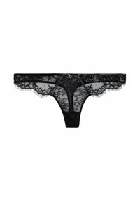 String noir en dentelle avec un motif floral, des bords festonnés et une fine frange. Présente un détail central en anneau doré et une texture transparente.