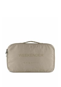 Sac weekender beige en matériau durable, avec fermeture éclair et poignée supérieure. Broderie "WEEKENDER" et logo "bugatti" à l'avant.