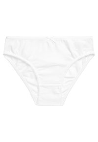 Vit bomulls-bikini med scalloped kant, mjuk textur och en central rosett på midjebandet.
