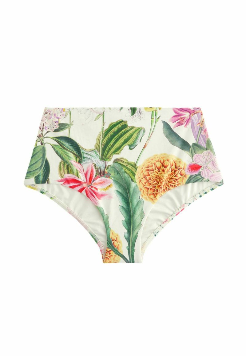 Hoge taille bikini broek met een bloemenprint in roze, oranje en groene kleuren. Gemaakt van rekbare stof met een gladde textuur.