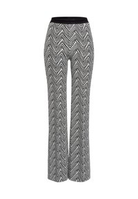 Black and white flared pants with a zigzag pattern, featuring an elastic waistband and a textured fabric for comfort.